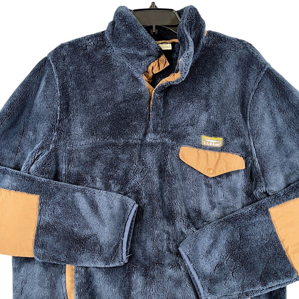 LL Bean Fleece Pullover Mens M Blue Hi-Pile Snap Mock Neck Elbow Patch Hiking